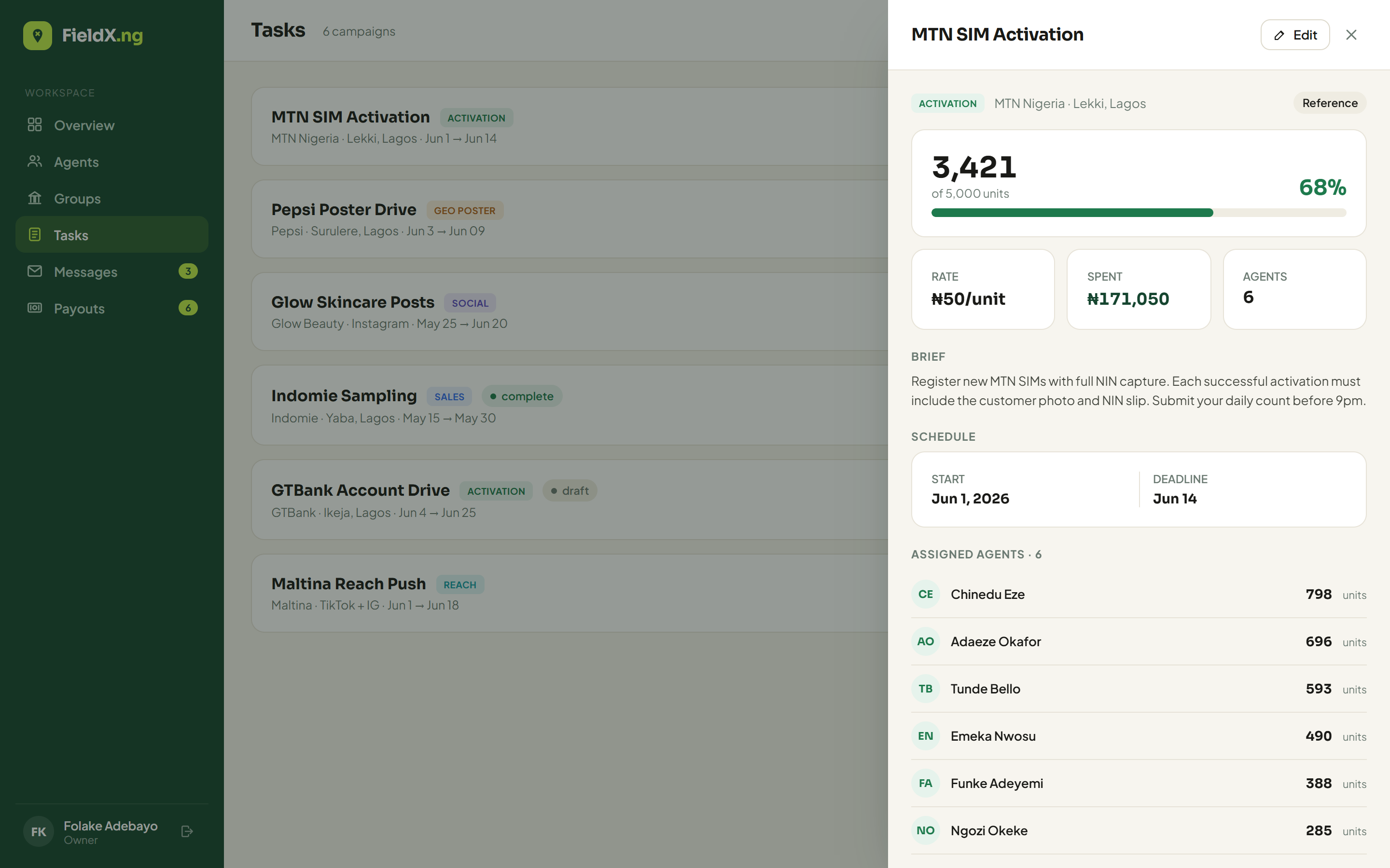 FieldX dashboard — task drawer with progress, brief, schedule and per-agent breakdown